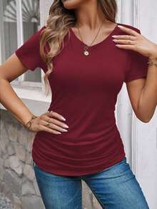 EMERY ROSE Casual Solid Color Ruched T-Shirt, Versatile For Summer Occasion Dark Burgundy - Red - View 4