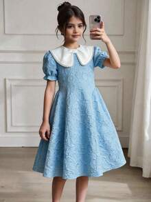 SHEIN Modisches, elegantes Kontrastfarben-Kragen-Kurzarmkleid für Tween-Mädchen - Babyblau - Übersicht 10