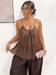 Lounesse Plus Size Summer Casual Polka Dot Print Camisole - Brown - View 6
