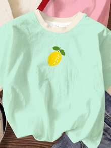 Set de 4 camisetas básicas de manga corta con cuello redondo y estampado de frutas y flores, estilo minimalista casual para niñas preadolescentes, adecuadas para primavera/verano, diario, viajes, vacaciones, campus, relajación - Multicolor - Ver 6