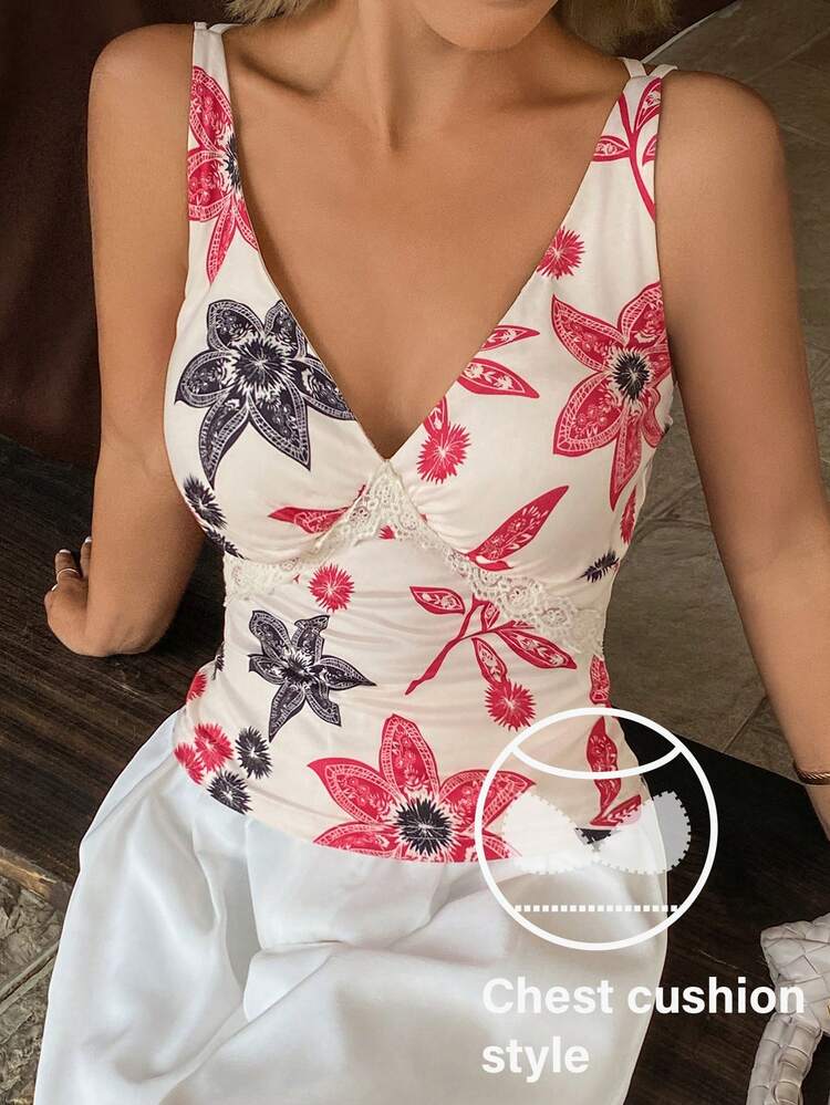 Floral Print Camisole Top With Built-In Bra Padding, Vacation Style