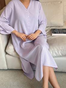 DAZY 極簡純色半拉鍊女款居家休閒連身睡裙 - 紫色 - 查看 3