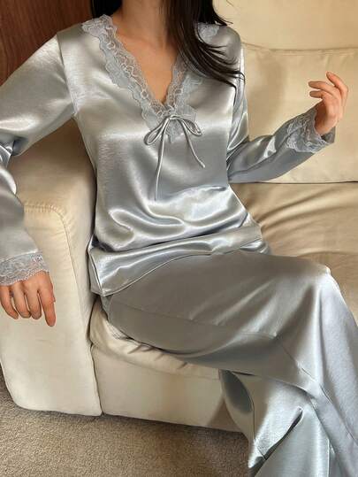 DAZY 两件套蕾丝拼接纯色V领宽松睡衣套装，长袖上衣和裤子，秋冬女装