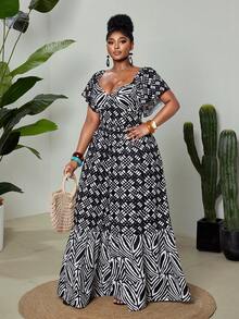 Maweii Retro sexy geometrisches Druckmuster Herzausschnitt Taille gerafft Lässig Weites Bein Jumpsuit, Große Größen - Schwarz und Weiss - Übersicht 5