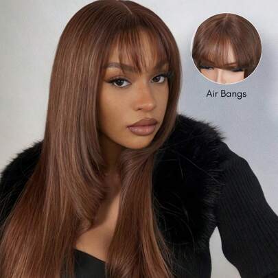 ALL READY WIG Layered Cut Silky Straight Lace Wig With Wispy Air Bangs 100% Real Remy Human Hair 4X4 Pre-Cut Lace Wear&Go Glueless Wig With Lace Framing Layers & French Fringe, 180% Density, Three-Go Beginner Friendly Glueless Human Hair Wigs For Women