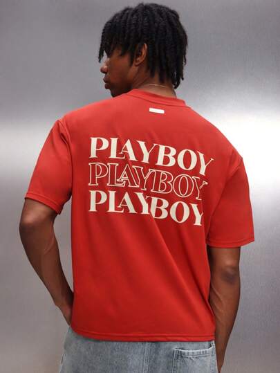 PLAYBOY X SUMWON Camiseta gráfica de manga corta y corta con logo para hombre con impresión frontal y trasera