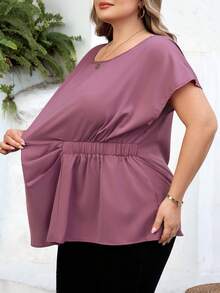 SHEIN CURVE+ Curve 尺码 US22 音乐节、海滨度假、波西米亚风女士休闲纯色蝙蝠袖褶皱腰身衬衫，夏季 - 紫色 - 查看 4