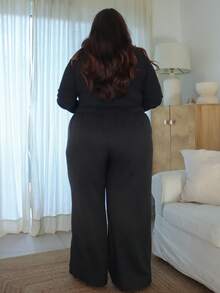 Pretty and Ole Pantalones rectos de talla grande para mujer con ribete de contraste - Negro - Ver 2