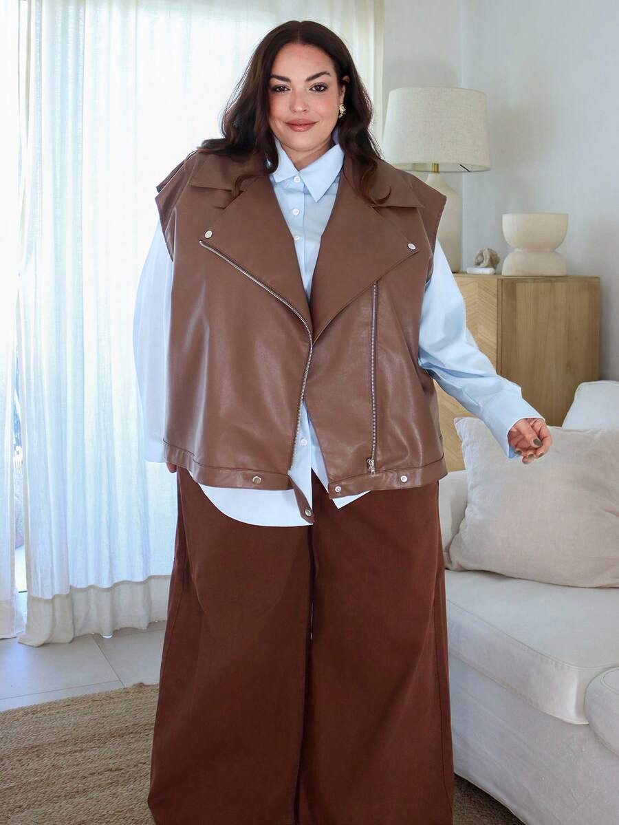 Pretty and Ole Plus Size Women's Autumn And Winter Fashion Casual Loose Comfortable Daily Basic Versatile Brown PU Leather Vest Jacket,Fall Coats,Casual Women Outfits,Fall Outfits Women,Western Wear Women,Back To School,Y2k Clothes,Street Wear,Winter Jacket For Women - Brown - View 1
