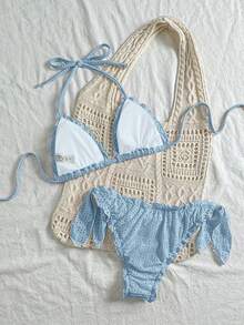 Vivid Eden Women's Solid Color Textured Swimwear Set For Vacation & Beach - Baby Blue - View 2
