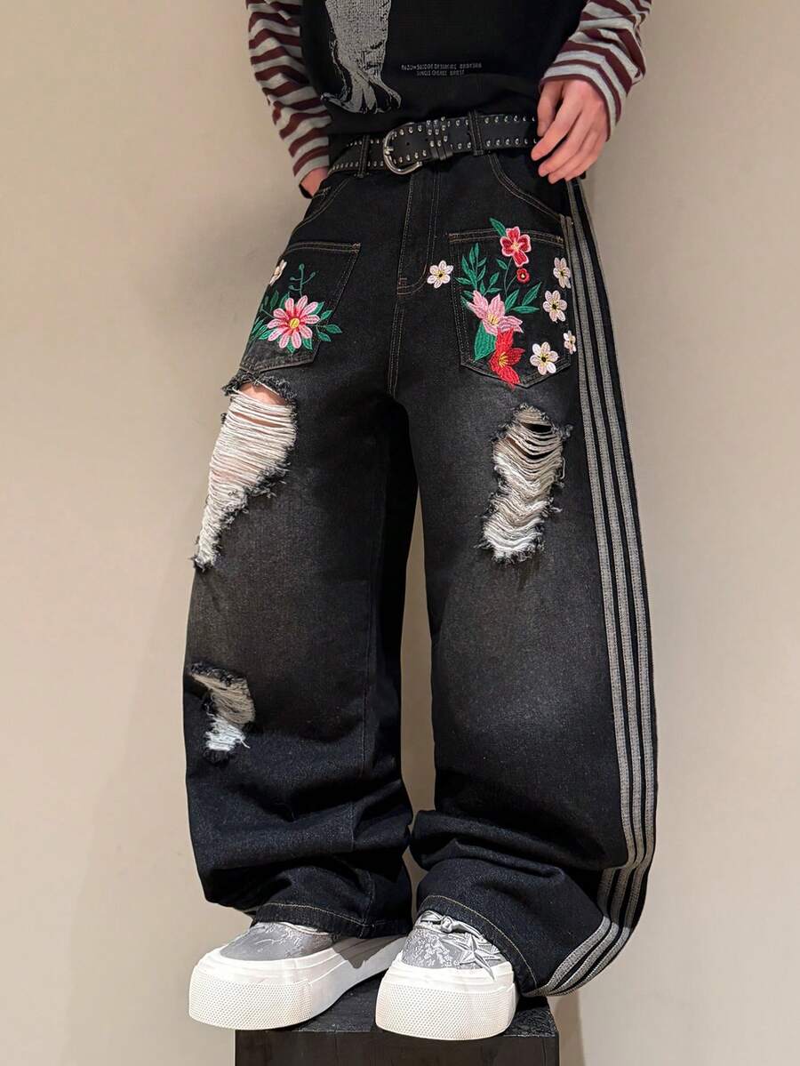 STEELVANCE Quần jeans ống đứng dáng rộng, thoải mái, đa năng, thiết kế đinh tán rách rưới, thêu họa tiết, phong cách đường phố cổ điển. - màu đen - Xem 1