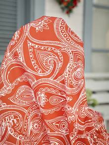 SHEIN LUNE Women's Casual Retro Print High Waist Wide Leg Pants, Suitable For Spring/Summer Vacation - Red - View 7