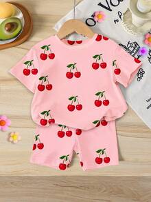 SHEIN 1 Set Toddler Girls' Sweet Cute Cherry Fruit Pattern Vacation Style Printed Short Sleeve Round Neck T-Shirt And Shorts Suitable For Spring To Summer - Multicolor - View 3