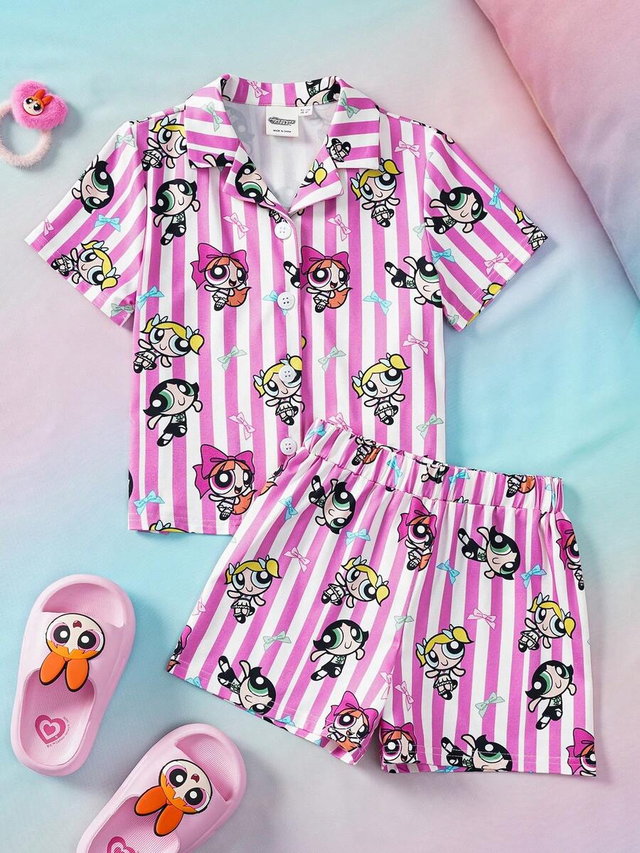 THE POWERPUFF GIRLS X SHEIN 女童条纹卡通印花短袖上衣和短裤休闲家居服套装 - 粉色 - 查看 1