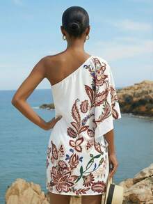 CAJUNI Women's Vacation Plant Print Ruffle Sleeve Casual Dress, One Shoulder Summer Dress - Apricot - View 2