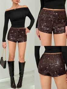 SHEIN Tall Women's Brown Sequin Shorts,Seductive Shiny Sparkly Burgundy Shorts,Summer Night Club Wear For Night Out,Christmas,New Year Party & Concert, Tall Women - Brown - View 12