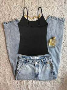 IslaSuriya 女款 Y2K 夏季黑色花卉亮片百合刺繡細肩帶背心上衣，純棉柔軟透氣修身款，適合夜店風造型 - 黑色 - 查看 2