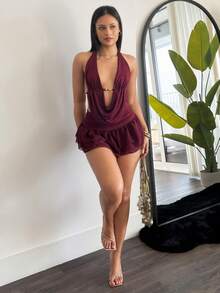 leahseptember Bộ 2 món màu đỏ nâu cổ yếm gợi cảm cổ chữ V hở lưng không tay không đối xứng, trang phục thu đông, bộ đồ dự tiệc ngày lễ, thời trang đường phố, bộ đồ đi hộp đêm nữ, bộ đồ đêm hẹn hò, bộ đồ sinh nhật nữ, sang trọng đẳng cấp, trang phục dự tiệc không thể thiếu, bộ đồ Halloween, bộ đồ Giáng sinh, phong cách cổ điển, thoải mái đô thị, phong cách đường phố, váy tốt nghiệp bằng vải satin, thời trang cổ điển, bộ đồ hở lưng - Gỗ đỏ - Xem 6