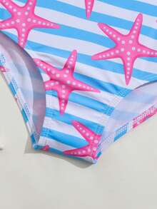SHEIN Playful Pals 海星藍白條紋彈性梭織印花布料，適合年輕女孩海灘、游泳、度假用一件式泳衣 - 彩色 - 查看 5