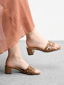 CUCCOO BIZCHIC 女士棕色交叉绑带高跟凉鞋，方头舒适高跟凉鞋，通勤款凉鞋 - 棕色 - 查看 1