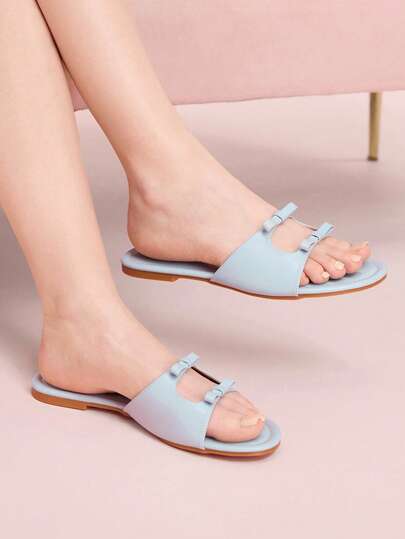 CUCCOO DOLLMOD 女士蓝色舒适平底凉鞋，甜美蝴蝶结鞋底凉鞋