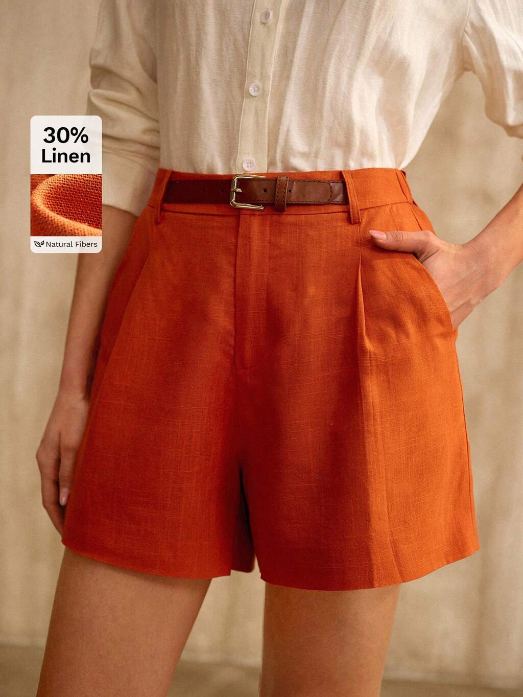 WOMEN'S ORANGE DECORATIVE BELT BUCKLE ELEGANT SHORTS