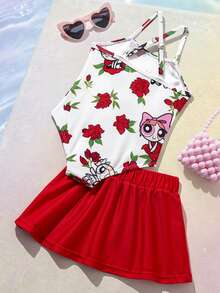 THE POWERPUFF GIRLS X SHEIN Baby Girl Floral & Cartoon Print One-Piece Swimsuit With Skirt, Beach Vacation - Red - View 2
