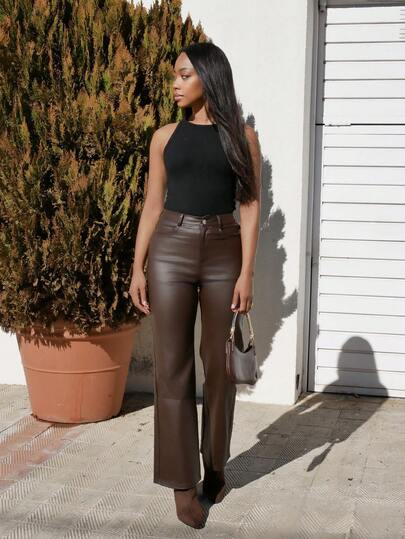 Yess Loren Women High Waist Shiny PU Leather Wide Leg Pants, Glossy Matte Coating, Fashion For Party, Commute, Music Festival, Vacation, Casual Straight Trousers, Spring/Summer Clothing, Best Seller, Hot Seller,Y2K,Suitable For Party, Commute, Holiday, Festivals, Outdoor Activities, Spring/Summer,Tall In Women,Going Out Outfits,Black,Trousers