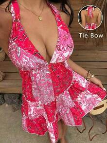Sunnyshic Women's Casual Sexy Vacation Deep V-Neck Slip Dress Pink Beach Dress Ibiza Dress Pink Cover Up Swim Boho Two Piece Set Curve Beach Dress - Pink - View 1