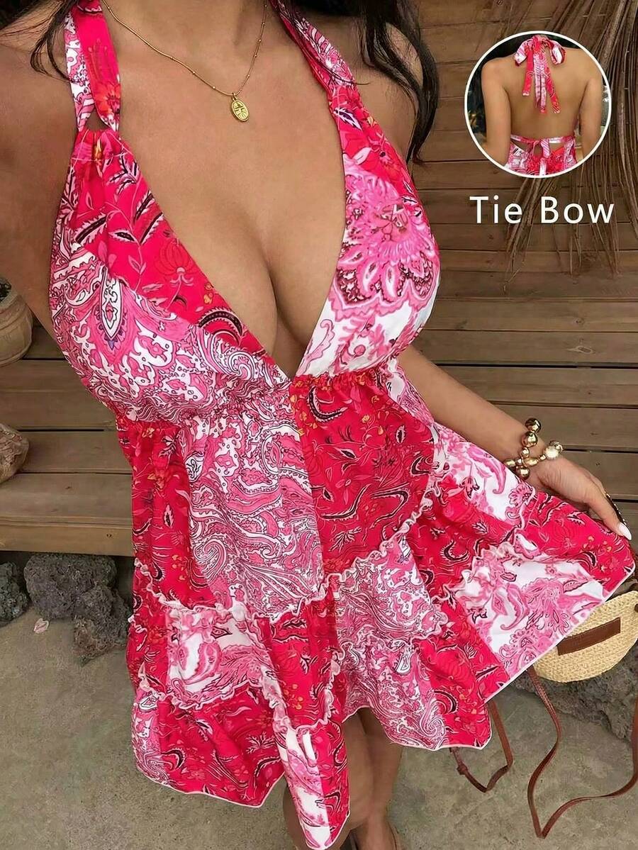 Sunnyshic Women's Casual Sexy Vacation Deep V-Neck Slip Dress Pink Beach Dress Ibiza Dress Pink Cover Up Swim Boho Two Piece Set Curve Beach Dress - Pink - View 1