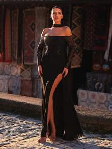 Aureia Elegant Luxury One-Shoulder Sparkling Beaded Embroidered Mesh Ruched Waist Hip Mermaid Hem Dress For Wedding Party Formal - Black - View 10
