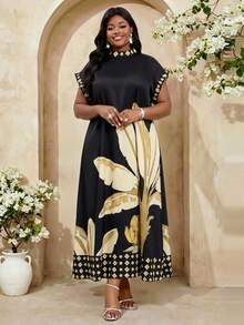 Fleurora Elegantes Kleid in Große Größen für Damen mit Palmenbaum-Muster, Mandarinkragen und Fledermausärmeln - Verschiedenfarbig - Übersicht 5