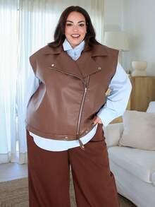 Pretty and Ole Plus Size Women's Autumn And Winter Fashion Casual Loose Comfortable Daily Basic Versatile Brown PU Leather Vest Jacket,Fall Coats,Casual Women Outfits,Fall Outfits Women,Western Wear Women,Back To School,Y2k Clothes,Street Wear,Winter Jacket For Women - Brown - View 6