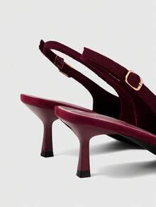 Sleekvia 女士尖头露跟针织酒红色性感通勤低帮搭扣细跟猫跟和高跟鞋 - 酒紅色 - 查看 5