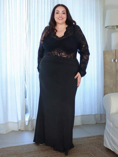 Pretty and Ole 大码优雅复古浪漫合身喇叭形针织长裙，适合派对和聚会，秋冬季