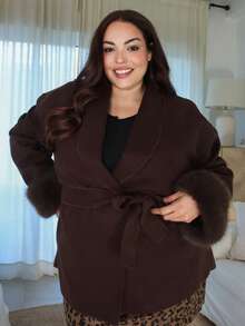 Pretty and Ole Plus Size Women's Solid Color Shawl Collar Long Sleeve Faux Fur Patchwork Woolen Coat, Autumn/Winter Office Old Money - Coffee Brown - View 6