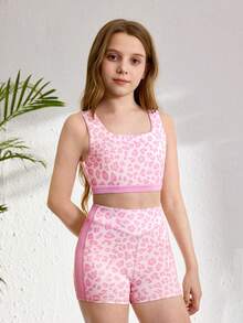 Tween Girls 2pcs Set. Leopard Print Sleeveless Sports Bra And Shorts Set, Fashionable Activewear Yoga Outfit, Pink Leopard Print Design, Sportswear Fitness Set, Suitable For Casual Sports, Yoga Wear - Multicolor - View 4