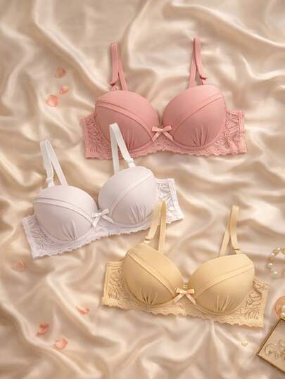 3 Piezas Brasier Mujer Copa A Y B Con Pushup encaje  Sexy Varilla Tirante Ajustable