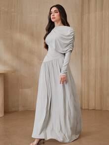Graceveil Robe élégante de soirée pour femmes, couleur unie, drapée. Robe élégante et classique avec manches longues. Robe de cérémonie pour invitée de mariage. Robe de soirée élégante et classique pour femmes. Robe longue d'hiver élégante et habillée pour femmes. - Gris pâle - Voir 4