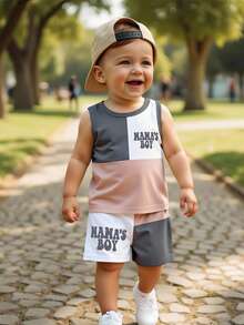 2pcs Baby Boy Casual Colorblock Patchwork "MAMA'S BOY" Letter Print Tank Top And Shorts Set, Summer Outfits - Multicolor - View 3