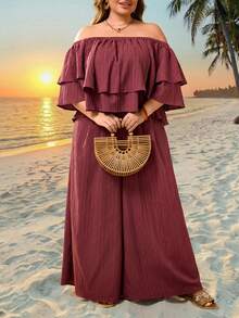 SHEIN CURVE+ Plus Size Women Holiday Solid Color Ruffle Off Shoulder Blouse And Wide Leg Pants Set Beach Vacation Outfits Woman 2 Piece Plus Size Summer 2 Piece Set Beach 2 Piece Set - Mauve Purple - View 7