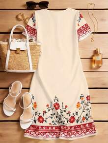 Women's Floral Print V-Neck Short Sleeve Vacation Dress - Multicolor - View 2