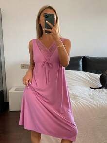 DAZY Women's Lace Patchwork Sleeveless Nightgown, Summer - Pink - View 7