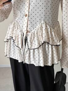 FRIFUL Women's Round Neck Metal Button Decor Hem Layered Ruffle Hem Splice Bodycon Casual T-Shirt - Beige - View 4