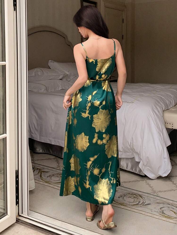 Elegant Luxury Gold Foil Allover Print Long Nightgown For Women