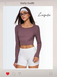 Eassivo Eassivo Women's Open Back Long Sleeve Sports Top,Dusty Mauve Criss Cross Back Sport Crop Shirt,Athleisure Gym Crop Top,Maroon Autumn Criss-Cross Sports Top - Coffee Brown - View 6
