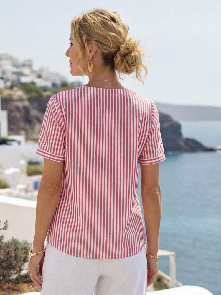 Women's Casual Striped Keyhole Neck Blouse