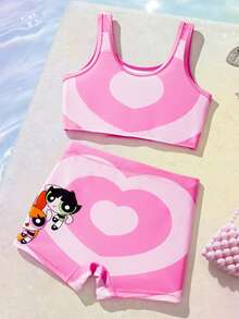 THE POWERPUFF GIRLS X SHEIN 少女撞色卡通印花比基尼套装，适合海滩/度假 - 彩色 - 查看 2