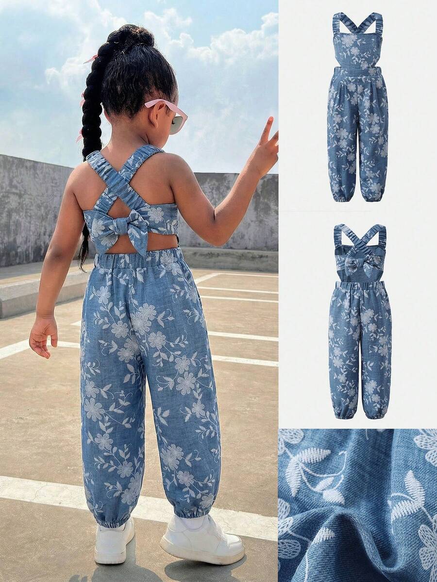 SHEIN 少女花卉刺绣褶皱休闲交叉绑带连体裤 - 藍色 - 查看 1