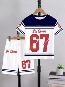 2pcs/Set Toddler Boys' Casual Creative Graphic Striped Short Sleeve T-Shirt And Shorts Outfit, Comfortable Daily Wear For Spring And Summer - Multicolor - View 4